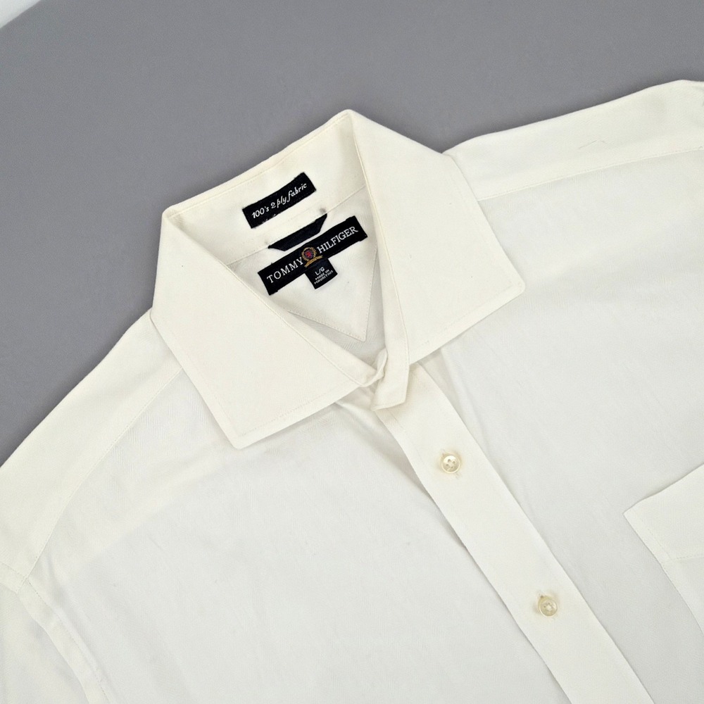 Tommy Hilfiger Mens Large White Dress Shirt 100s 2 Ply Cotton Button Down